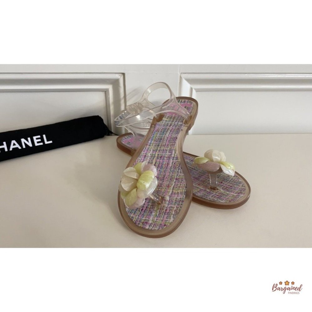 Authentic CHANEL Pink CC Clear Camelia Jelly Strap Flip Flops Flat Sandals 36/6 - Picture 3 of 14